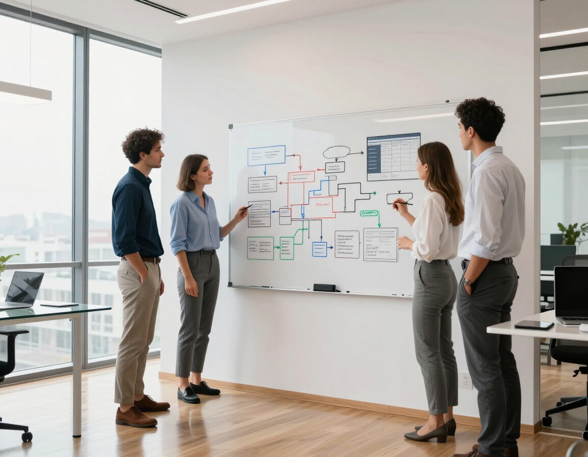 Team discussing a flowchart on a whiteboard in a bright office meeting room