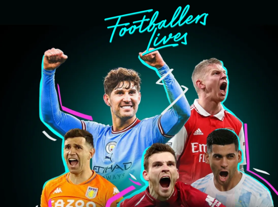 Footballers Lives poster with five soccer players celebrating against a dark neon background