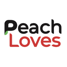 Peach Loves logo in black, green, and red text on a white background