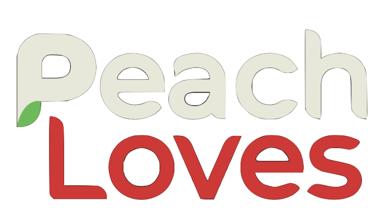 Peach Loves logo with peach-colored &ldquo;Peach&rdquo; and red &ldquo;Loves&rdquo; text, plus a small green leaf icon