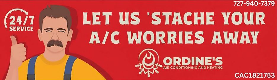 Red HVAC ad: “Let us stache your A/C worries away,” with a mustached man and Ordine’s logo.