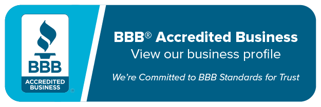 BBB Accredited Business badge with blue logo and text: and “We’re Committed to BBB Standards for Trust”