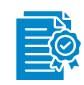 Blue document with checkmark seal icon on white background