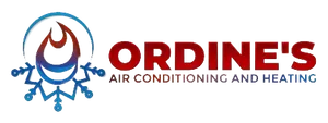 ORDINE’S Air Conditioning and Heating logo in red and blue with a stylized flame and snowflake