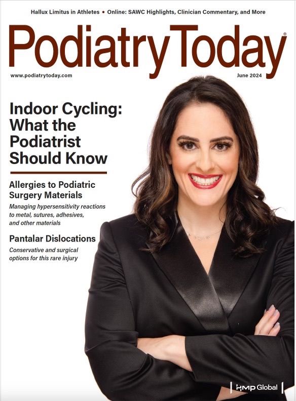 Magazine cover with a woman in a suit smiling. Title: Podiatry Today. Articles: Indoor cycling; allergies; dislocations.