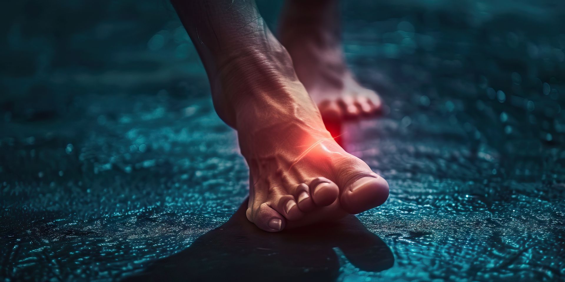Bare feet with a red, highlighted ankle and foot, walking on a wet surface.