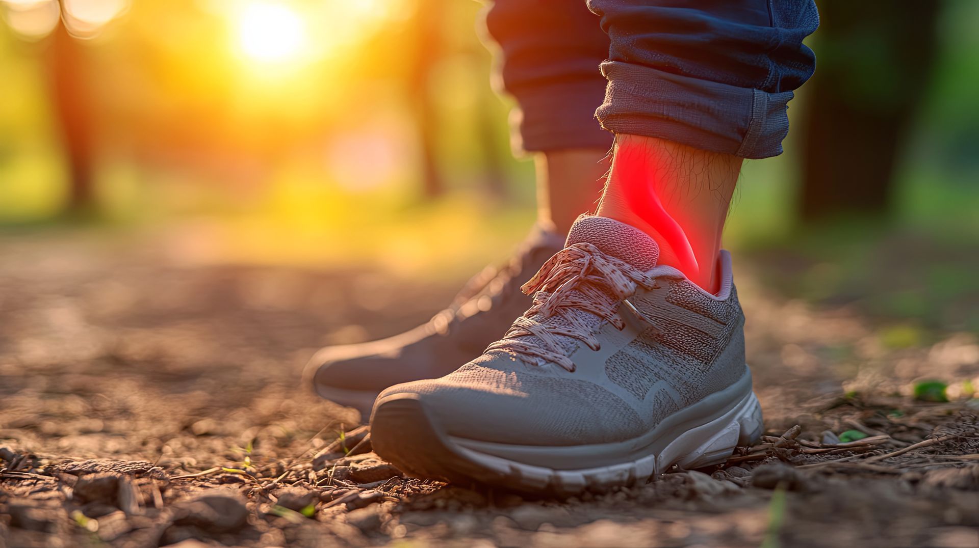 Person's ankle in hiking shoe, highlighted in red indicating pain, on a dirt path with sunlight.
