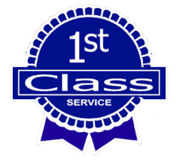 A blue badge that says 1st class service A blue badge that says 1st class service