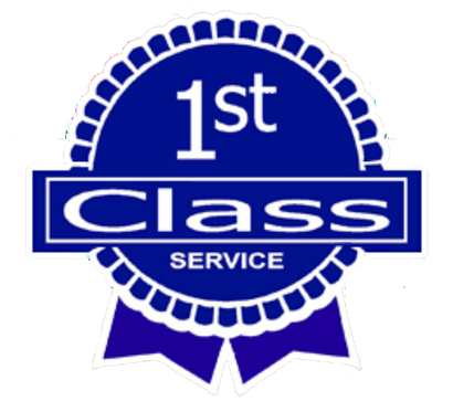 A blue badge that says 1st class service