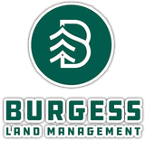 Logo for Burgess Land Management featuring a green circle with a white pine tree icon forming a "B," above the company name.