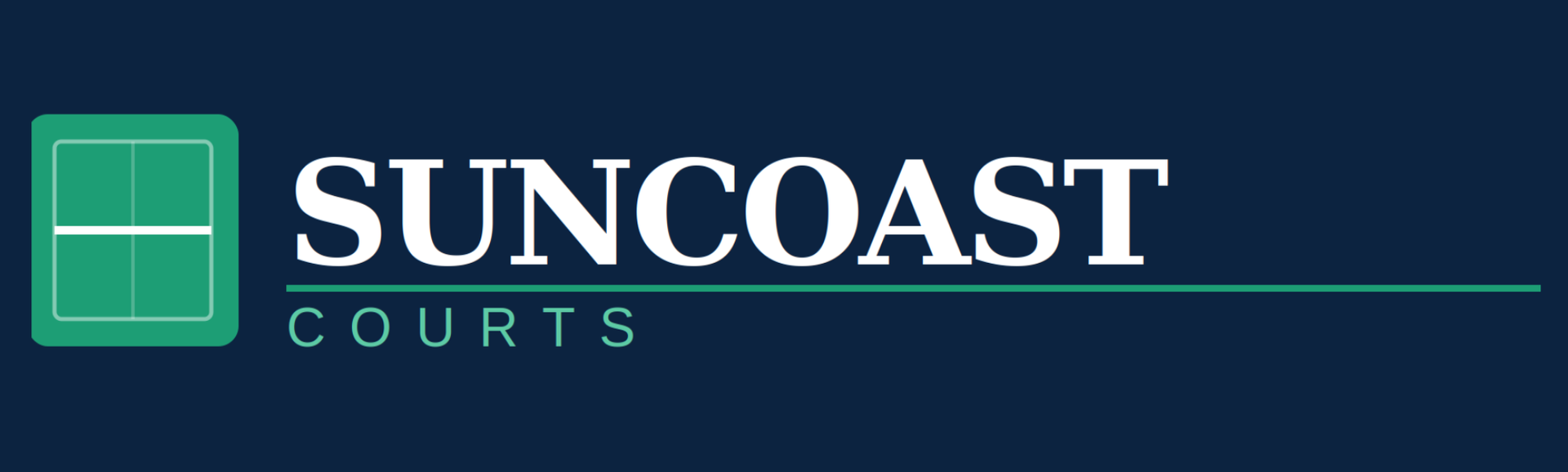 Suncoast Courts logo in white and teal on a dark blue background