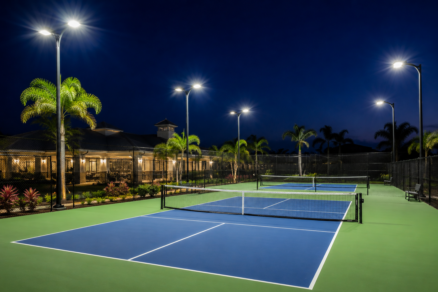 Lit outdoor tennis courts at night with palm trees and bright stadium lights