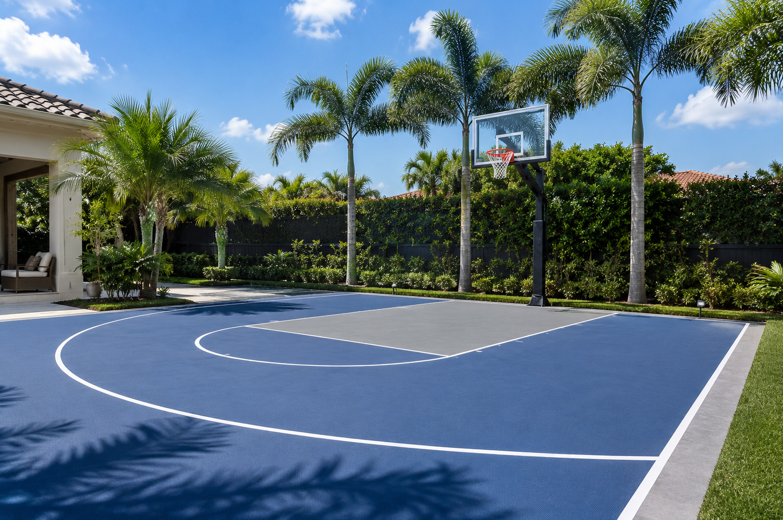 Outdoor basketball court with blue surface, white lines, hoop, and palm trees beside a house