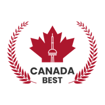 Red maple leaf with CN Tower inside, surrounded by laurel wreath,