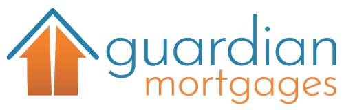 Guardian Mortgages logo: blue house outline over orange arrows and text.