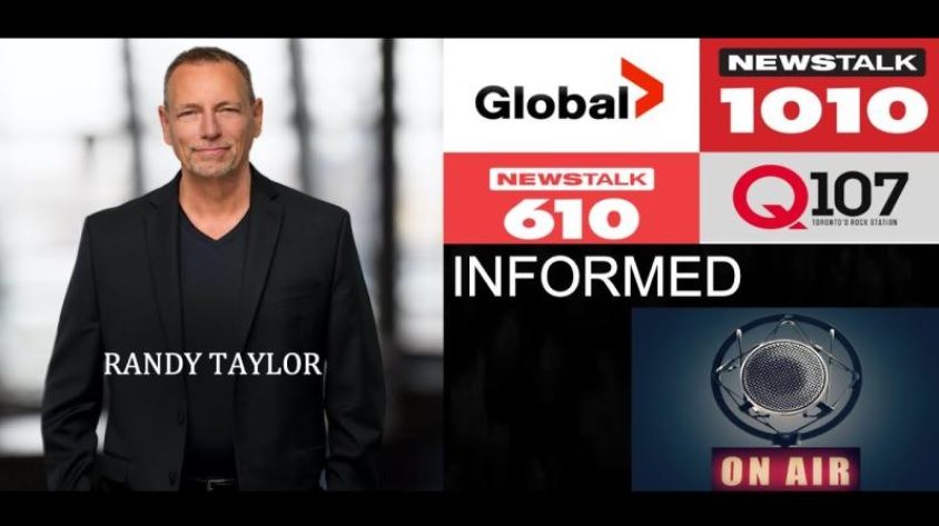 Randy Taylor stands beside Global and Newstalk radio logos;