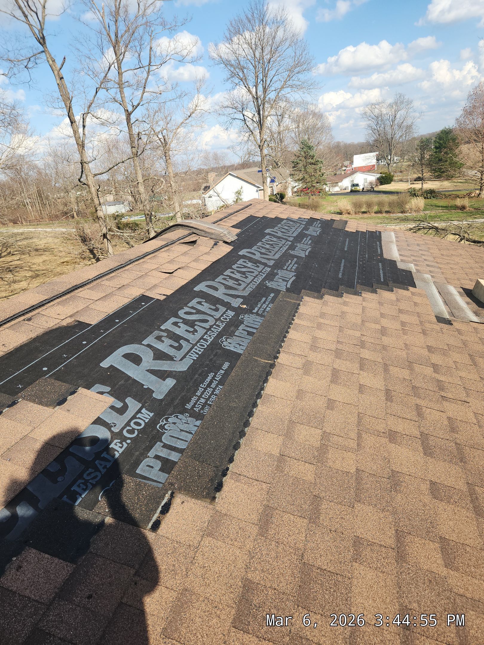 Rooftop with black roofing underlayment laid over straw-colored surface, trees and houses in the background.