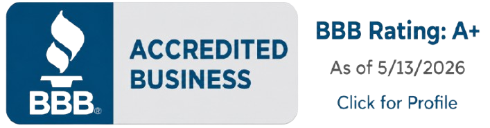 BBB Accredited Business badge with A+ rating, dated 5/13/2026, on blue and white background