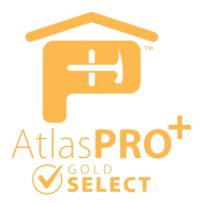 AtlasPRO+ Gold Select logo in orange with house roof icon and checkmark badge