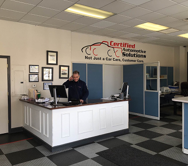 Front desk inside of our auto repair shop in Melrose, MA | Certified Automotive Solutions