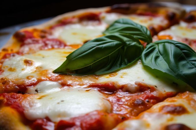 Primo piano di una pizza margherita con mozzarella fusa, salsa di pomodoro e foglie di basilico fresco.