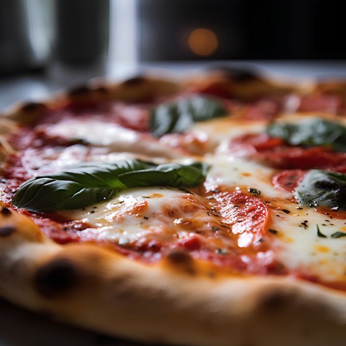 Primo piano di una pizza margherita con foglie di basilico e formaggio fuso su un tagliere di legno.
