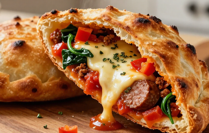 Calzone aperto con formaggio fuso, salsiccia, spinaci e peperoni rossi su un tagliere di legno.