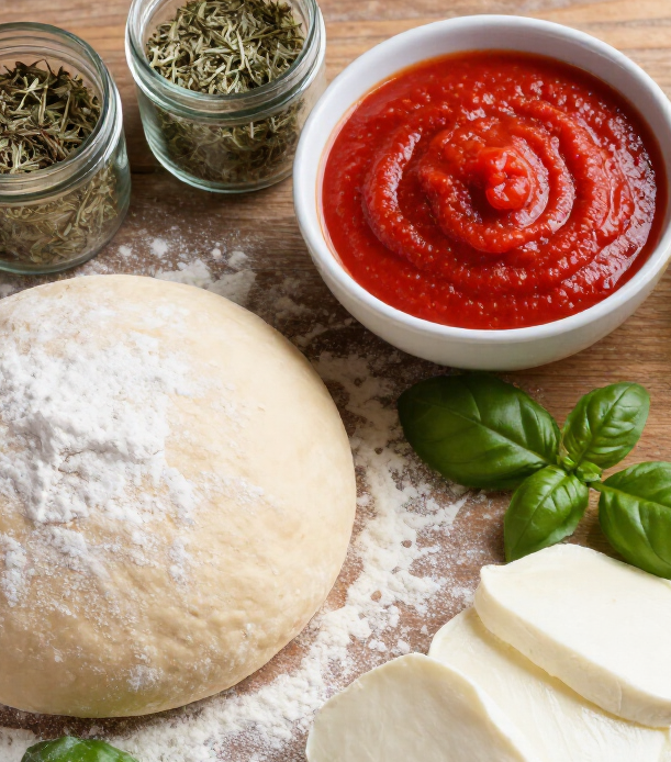 Impasto per pizza con salsa di pomodoro, basilico, fette di mozzarella ed erbe aromatiche essiccate su una superficie di legno infarinata.