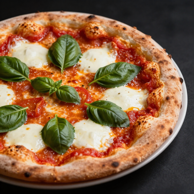 Pizza Margherita con salsa di pomodoro, mozzarella fusa e basilico fresco su un piatto scuro