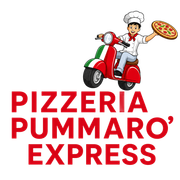 Logo della Pizzeria Pummaro' Express con lo chef in sella a uno scooter rosso che tiene in mano una pizza, testo rosso su sfondo bianco.