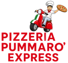 Logo della Pizzeria Pummarò Express con lo chef a bordo di uno scooter rosso che tiene in mano una pizza.