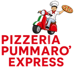 Logo della Pizzeria Pummarò Express con lo chef a bordo di uno scooter rosso che tiene in mano una pizza.