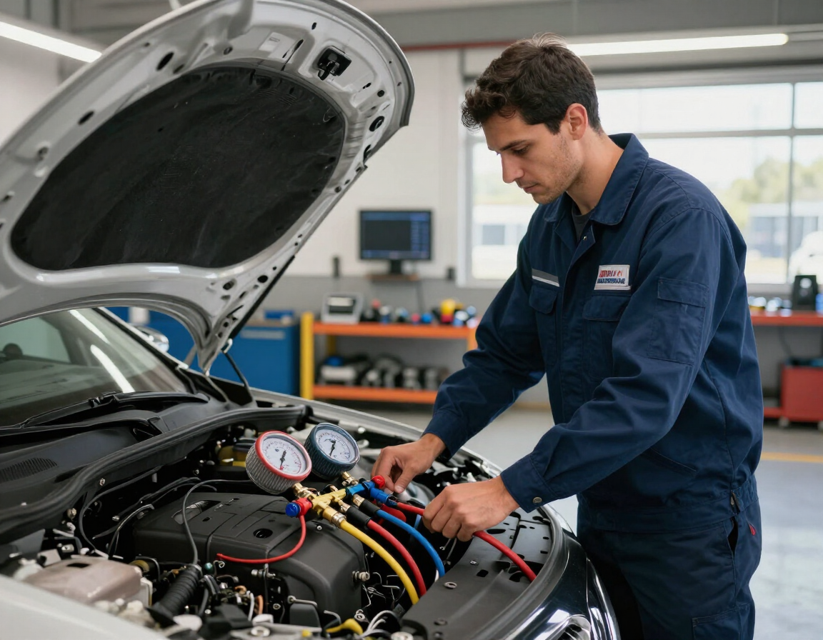 Técnico automotriz diagnosticando un sistema de aire acondicionado en un vehículo.