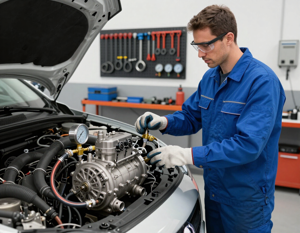 Diagnóstico técnico de climatización automotor con herramientas de medición.