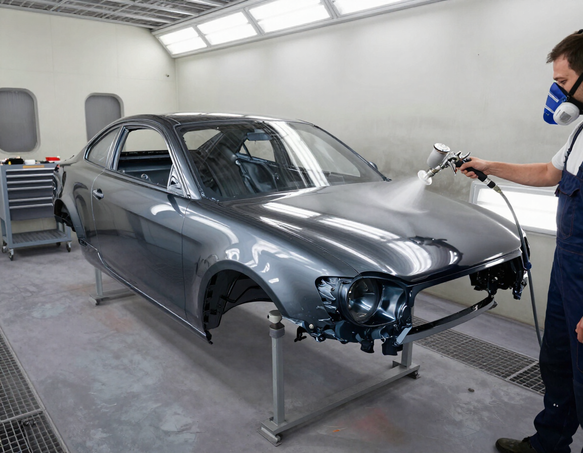 Trabajo de chapa y pintura automotor en proceso dentro de un taller profesional.