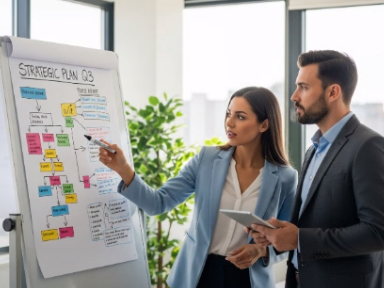 Two coworkers reviewing a colorful strategic plan chart on a whiteboard in an office