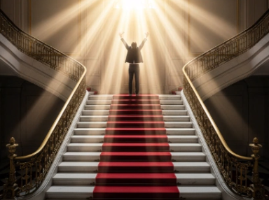 Person standing at the top of a grand red-carpet staircase, arms raised in bright spotlight beams