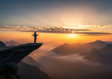 Person standing on a cliff at sunrise overlooking misty mountains
