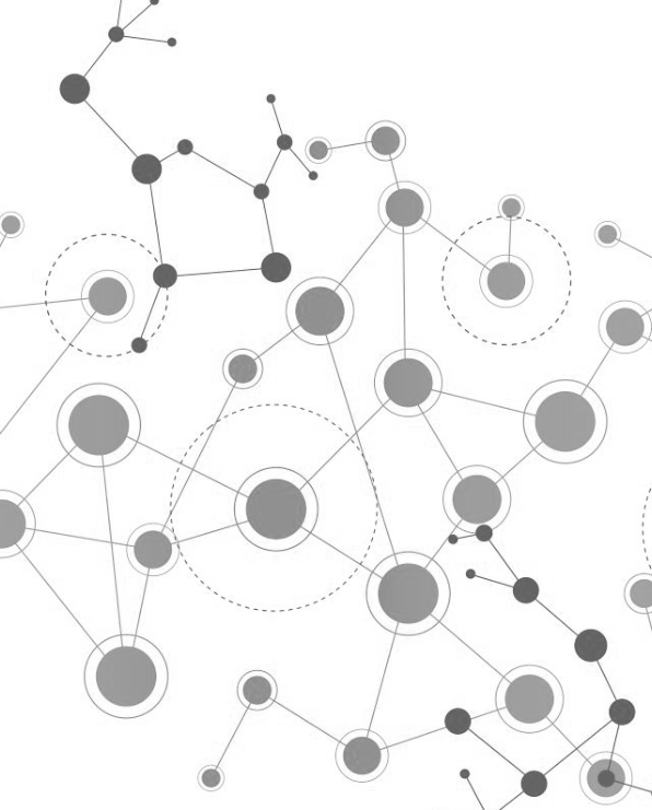 Abstract gray network of connected circles and dotted lines on a white background