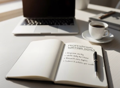 Open notebook with pen beside laptop and coffee cup on a desk.