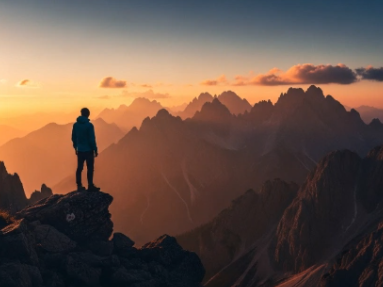 A hiker stands on a cliff at sunset, overlooking a dramatic mountain range.