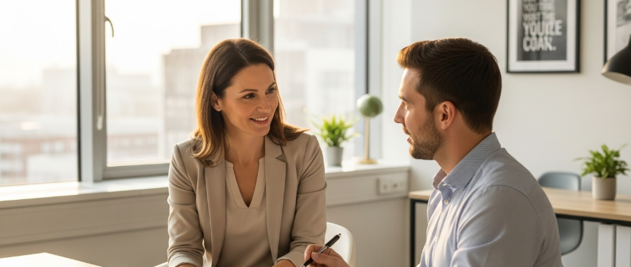 Two coworkers talking in a bright office, smiling across a desk.