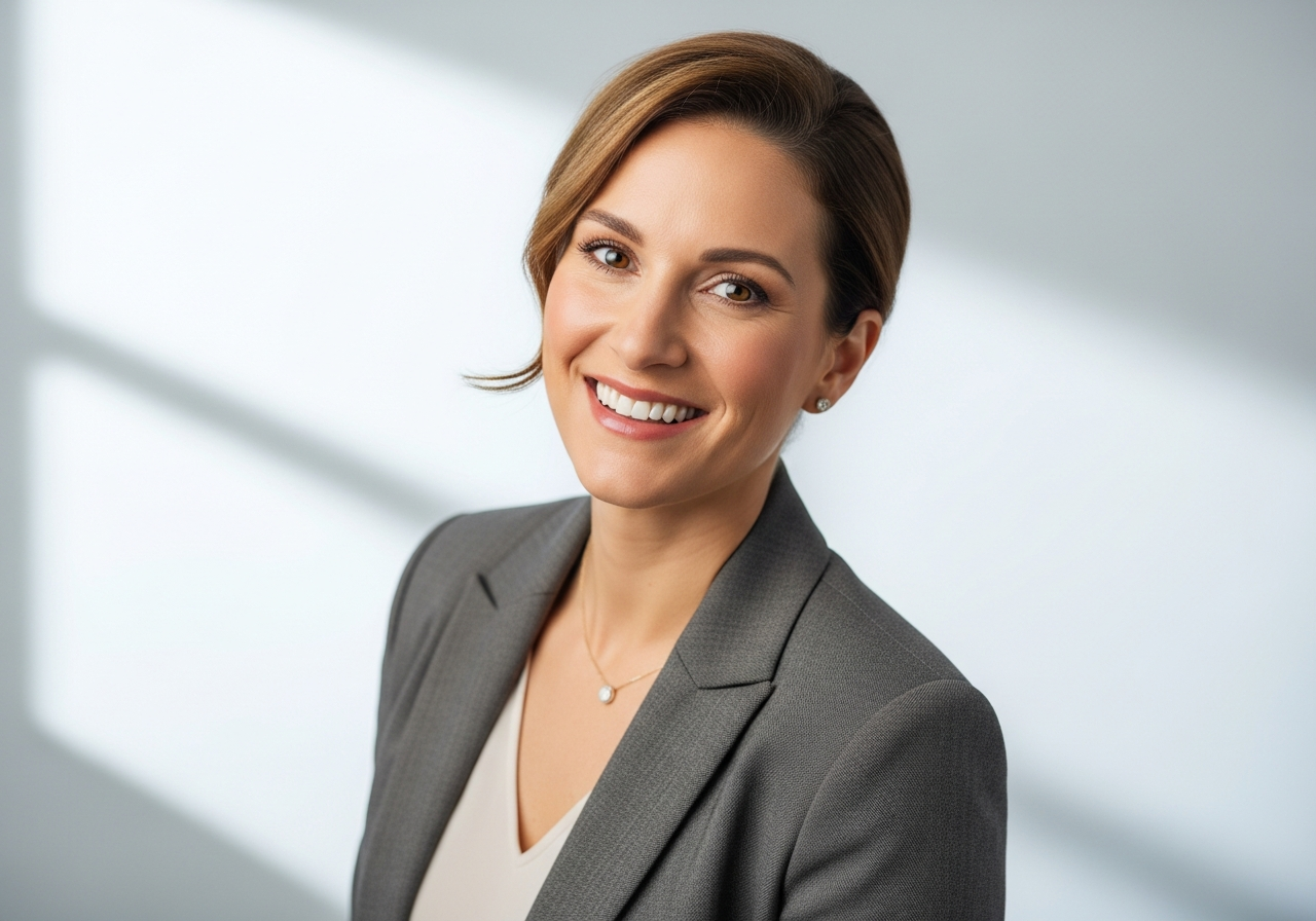 Smiling professional in a gray blazer against a light office background
