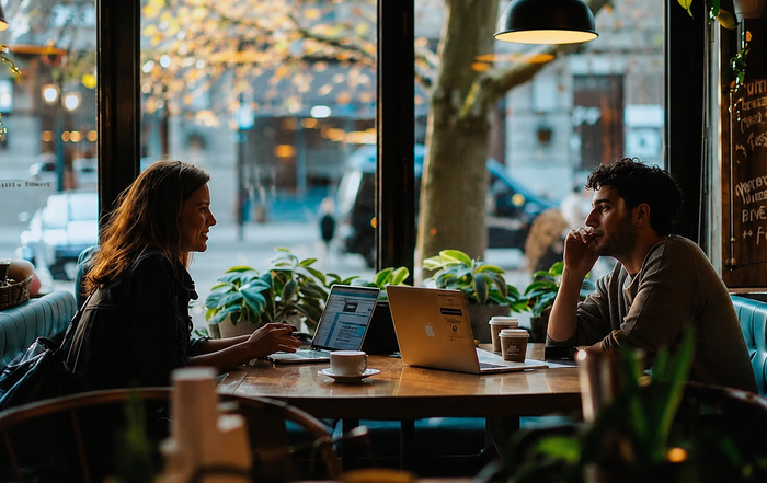 Two people talk across a café table by a laptop, framed by warm lights and indoor plants.