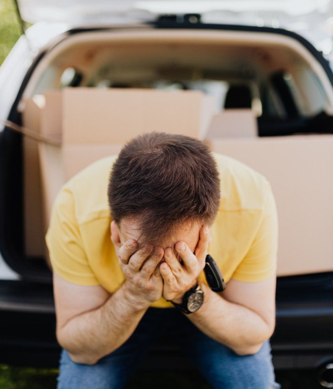 A man is sitting in the back of a car with his hands on his face.