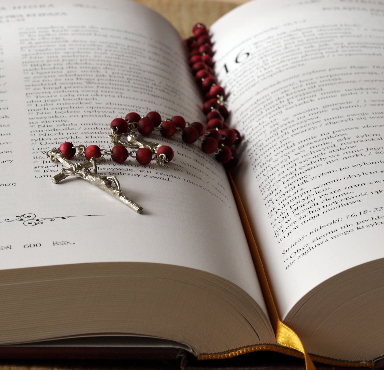 An open book with a rosary on top of it