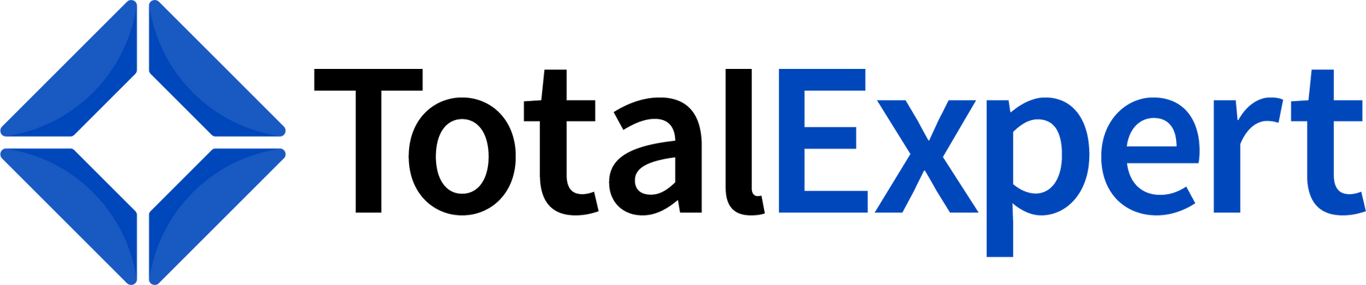 A blue and white logo for total expert