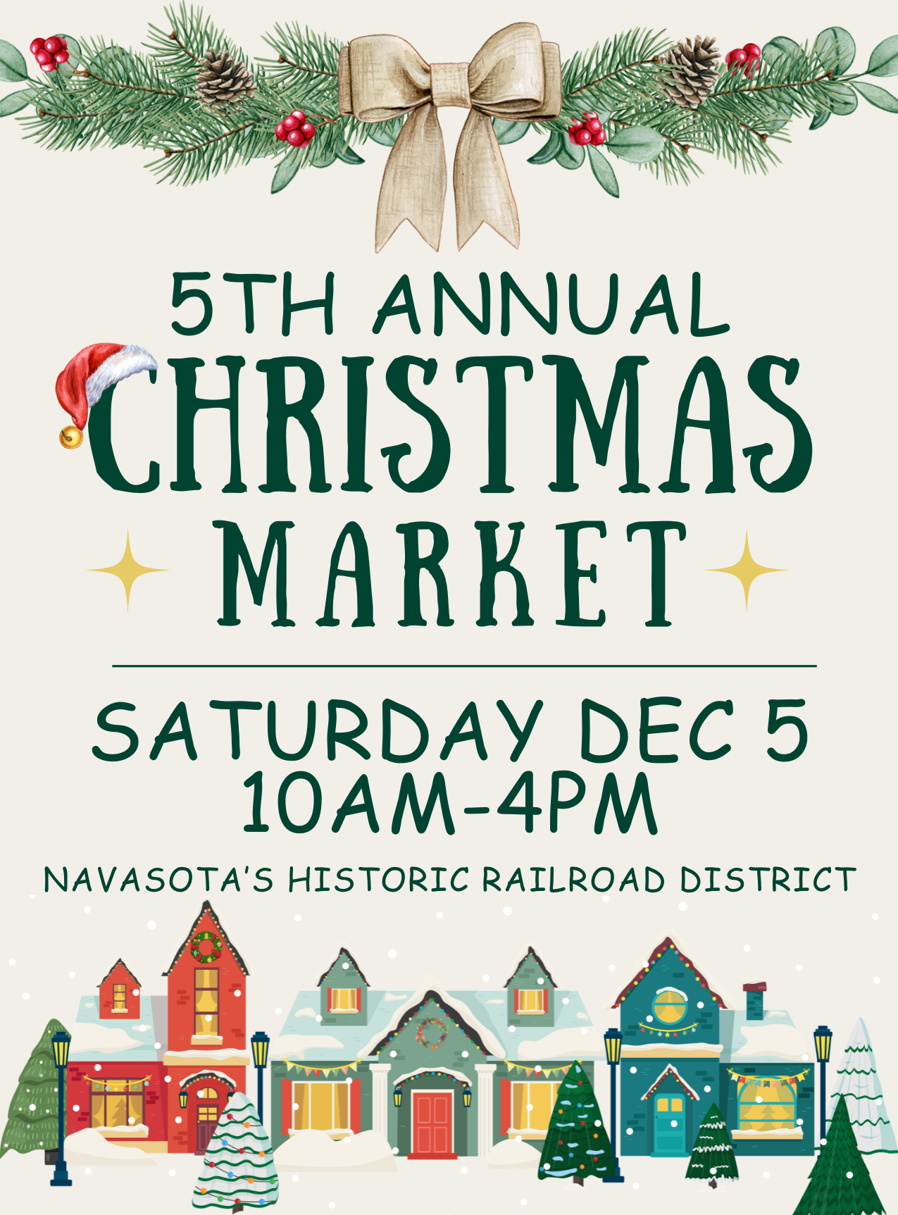 Christmas Market Flyer, Saturday Dec 5, 10a-4p, downtown Navasota at the P.A. Smith Hotel.