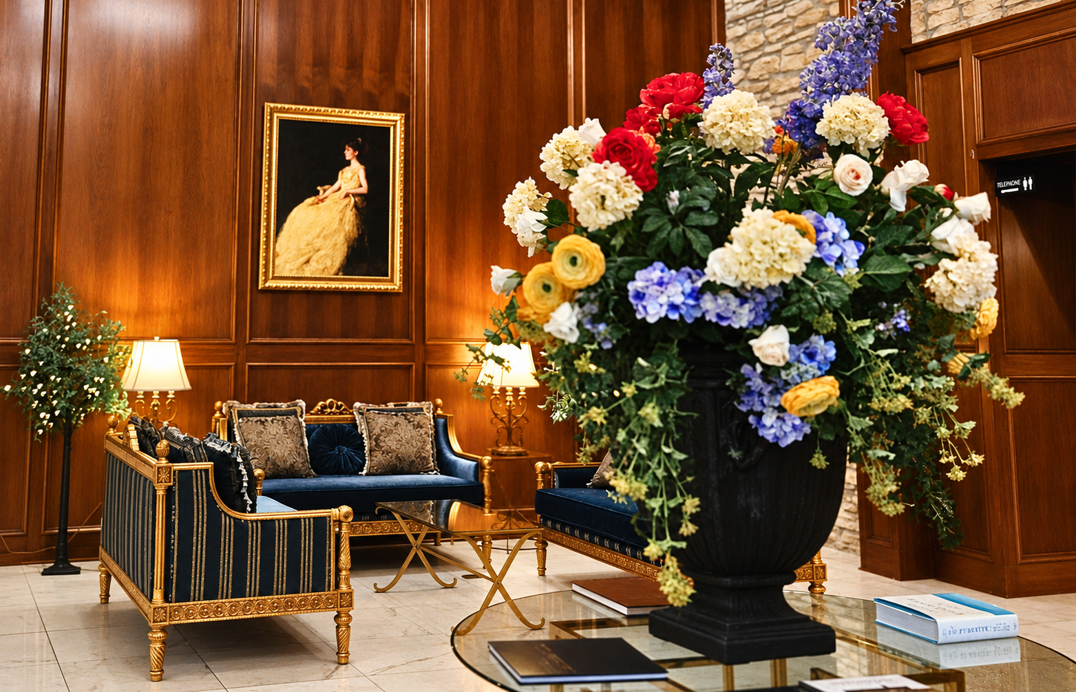 A grand, high-ceilinged lobby with paneled wood walls, stone accents, marble floors, two chandeliers, and plush furniture.