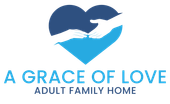 Blue heart with hands reaching towards each other, text